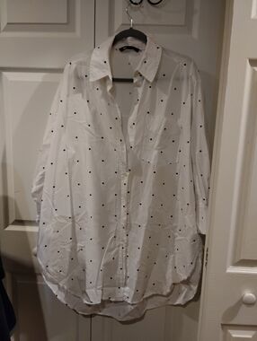 Zara White Long-Sleeve Polka Dot Shirt Dress
